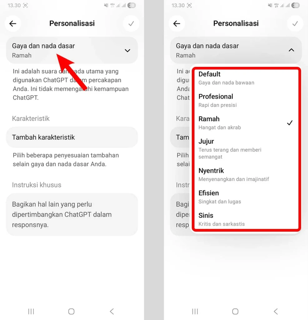 Pengaturan Gaya dan nada dasar ChatGPT